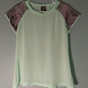 Seafoam Green Sheer Blouse w/ Sequin Shoulders